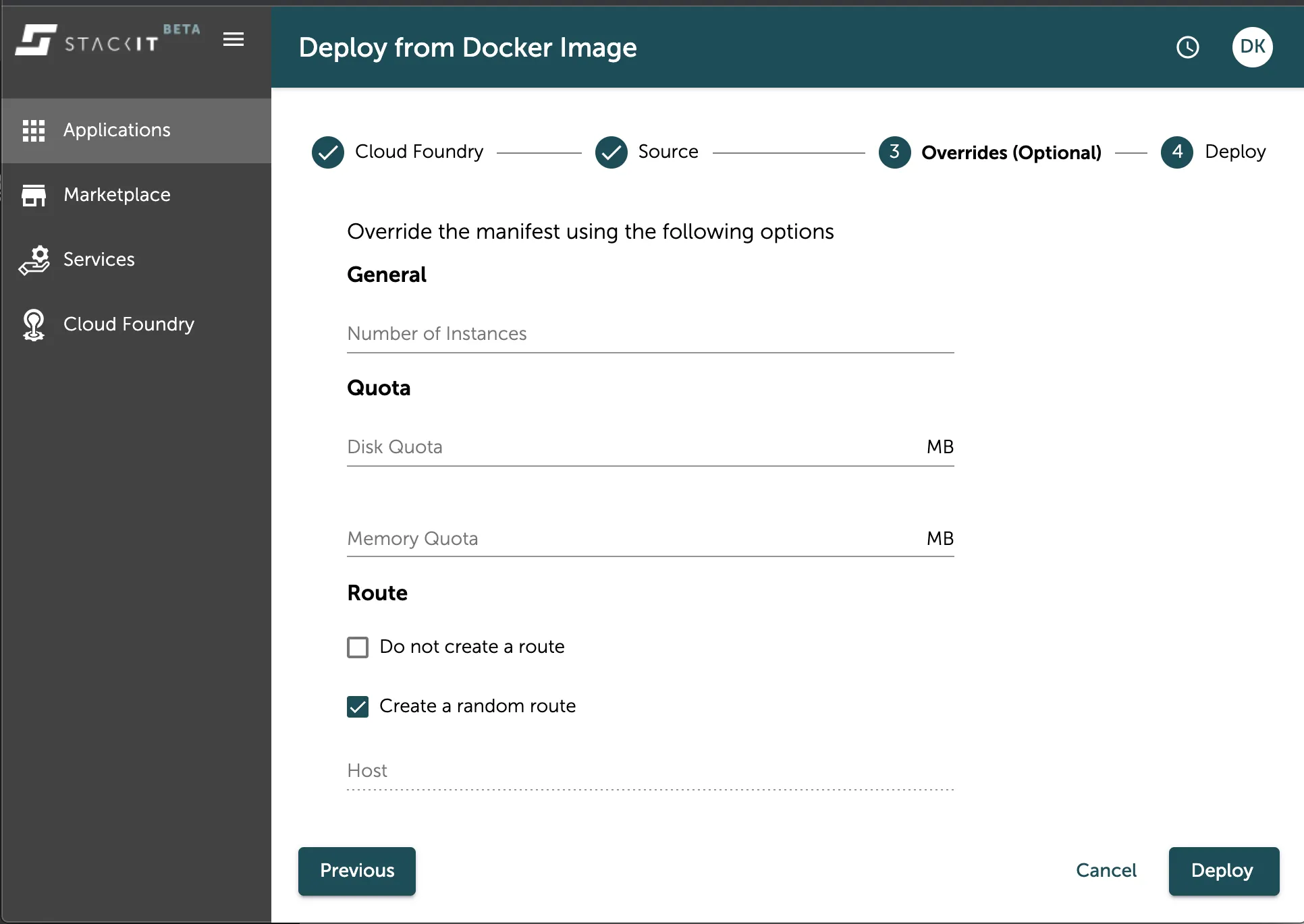 A screenshot of the STACKIT UI showing the third step of the "Deploy from Docker Image" wizard: "Overrides (Optional)." The step tracker shows "Cloud Foundry" and "Source" are complete. This screen allows overriding manifest options for General settings (Number of Instances), Quota settings (Disk Quota, Memory Quota), and Route settings. Under Route, the "Create a random route" checkbox is selected.