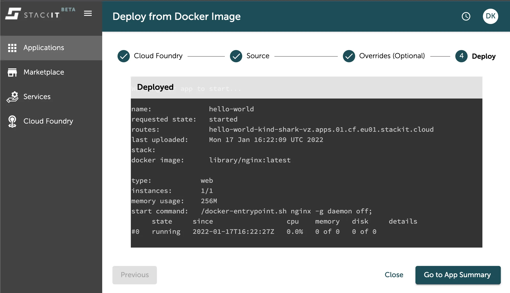 A screenshot of the STACKIT UI showing the final step of the "Deploy from Docker Image" wizard: "Deploy." The application is deployed and the screen displays its details in a code block format. Key information includes: name: hello-world, requested state: started, docker image: library/nginx, instances: 1/1, memory usage: 256M, and the current state: running. The "Go to App Summary" button is visible at the bottom right.