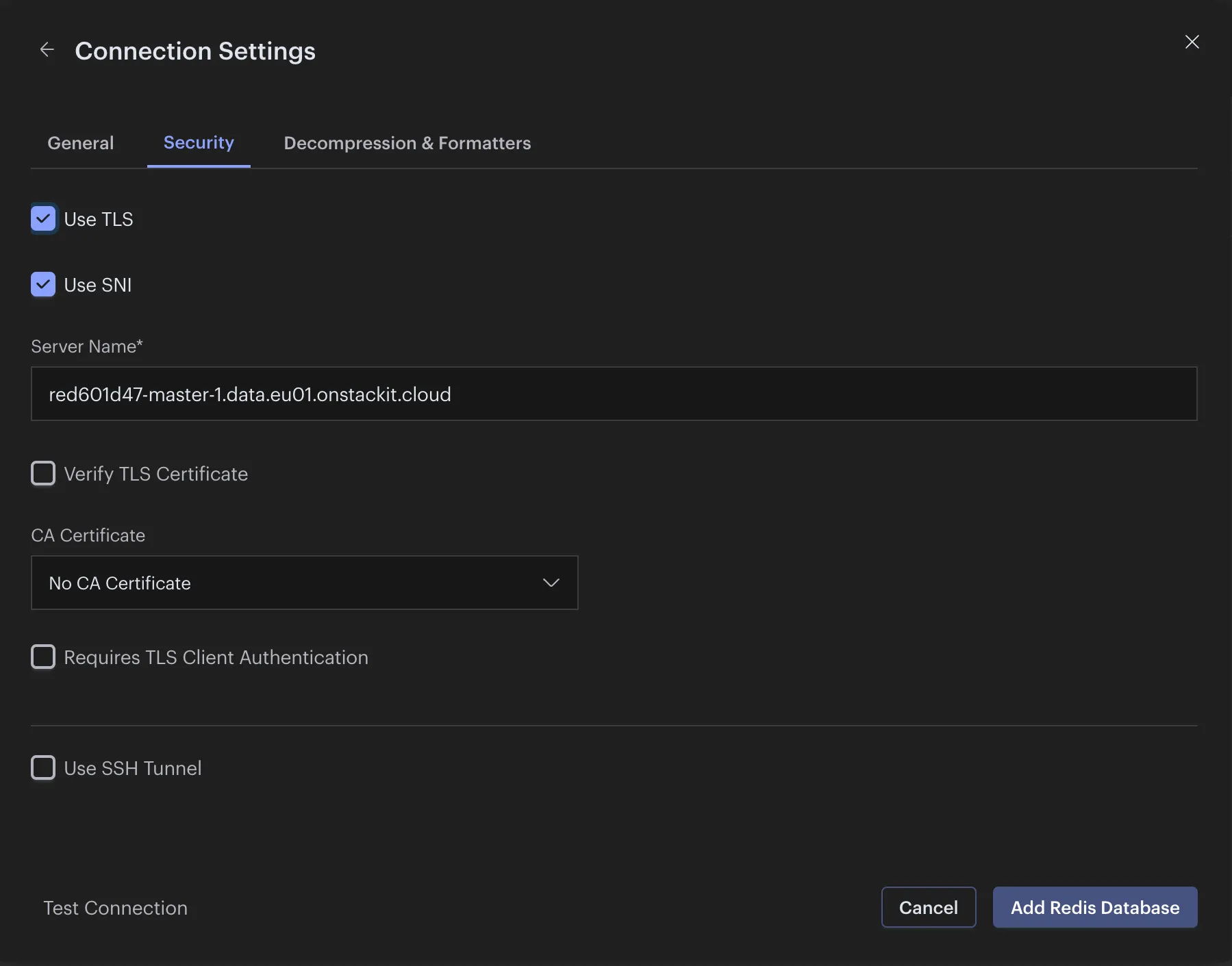 Redis Insight SNI checkbox clicked
