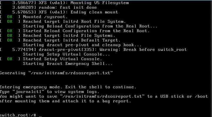 CentOS 7 rescue mode terminal showing system initialization progress with green ‘OK’ status indicators.