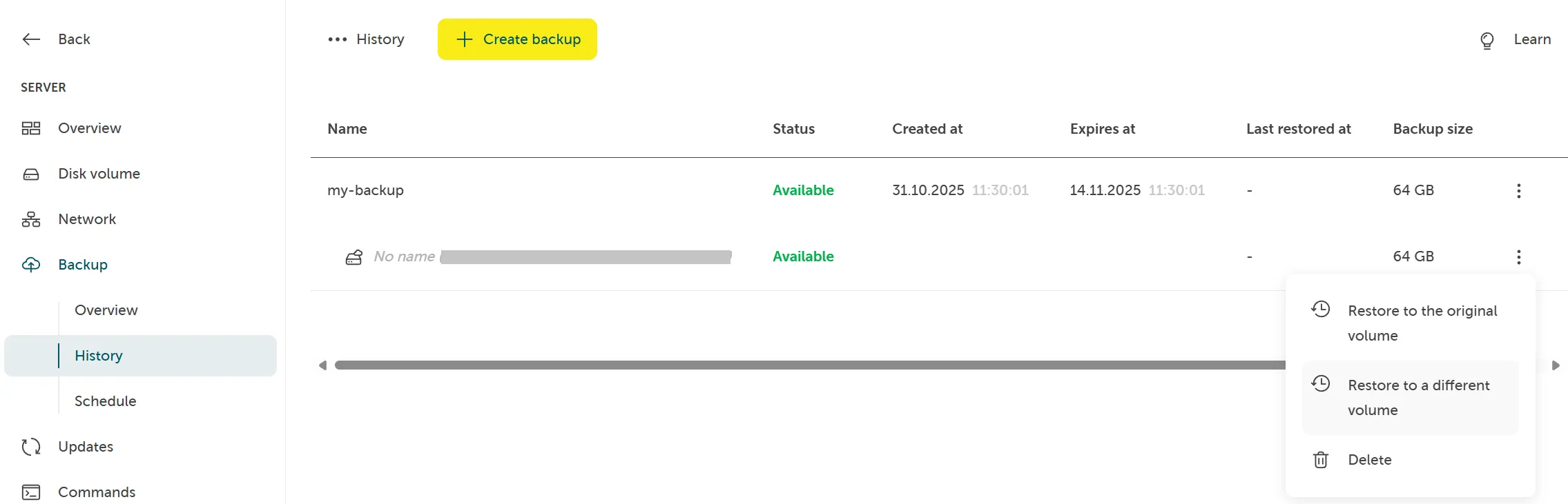 A screenshot showing the backup history and clicking on a backup, choosing the option restore to a different volume