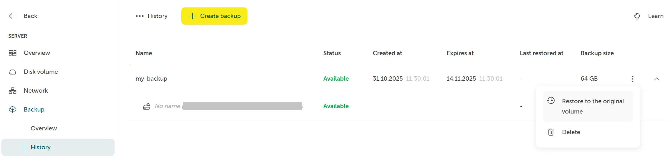 A screenshot showing the backup history and clicking on a backup to restore the backup.