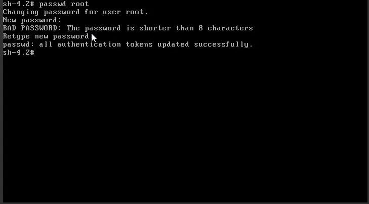 Terminal session showing password change process for root user.
