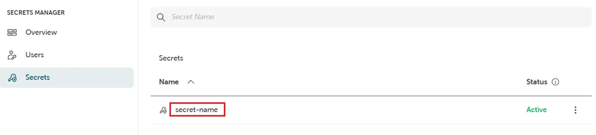 The screenshot shows the secrets manager secret's name.
