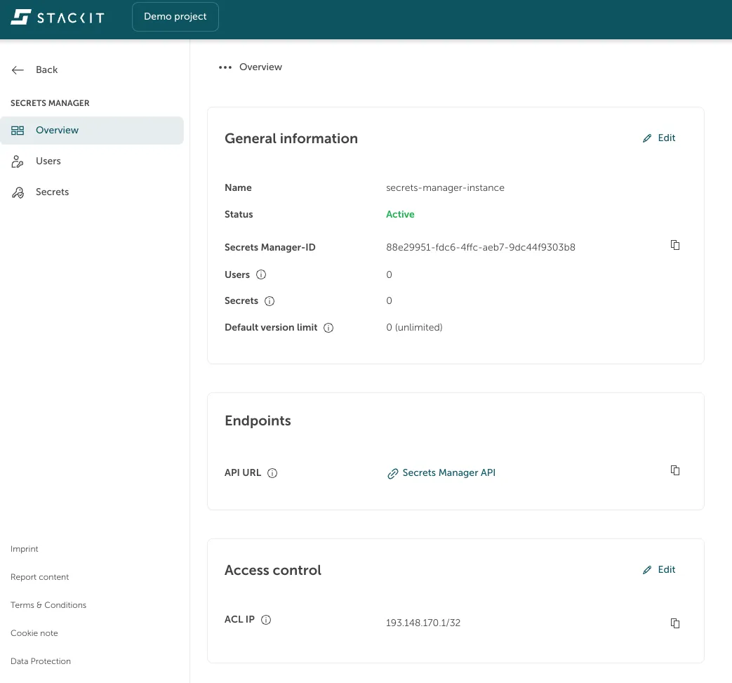 A screenshot showing the secrets manager overview page in the STACKIT Portal with all the general information, endpoint information and access control information.