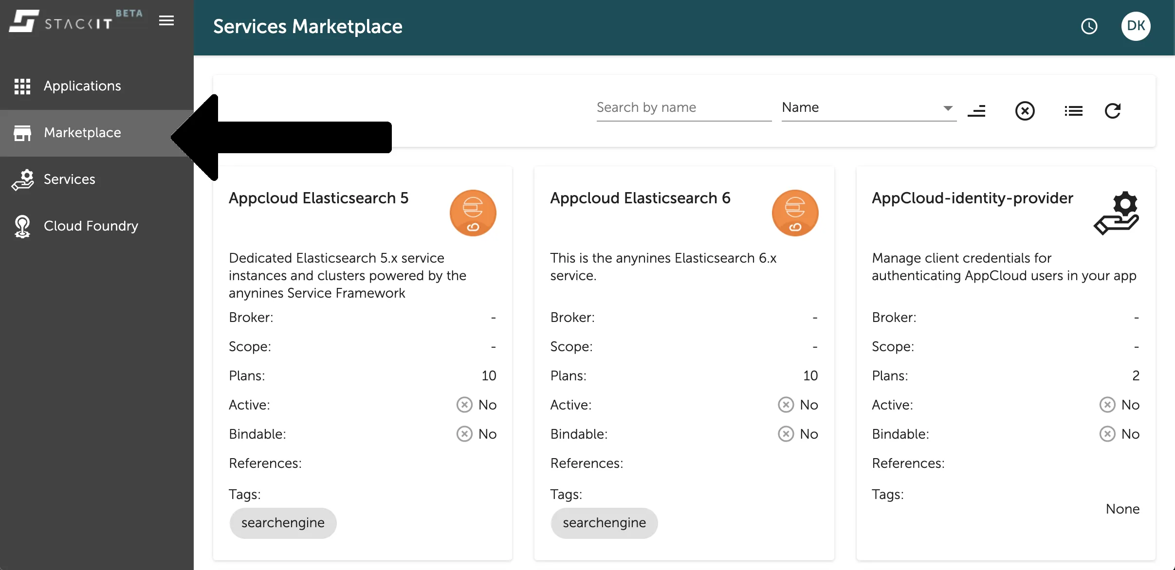A screenshot of the STACKIT web application UI, showing the "Services Marketplace".