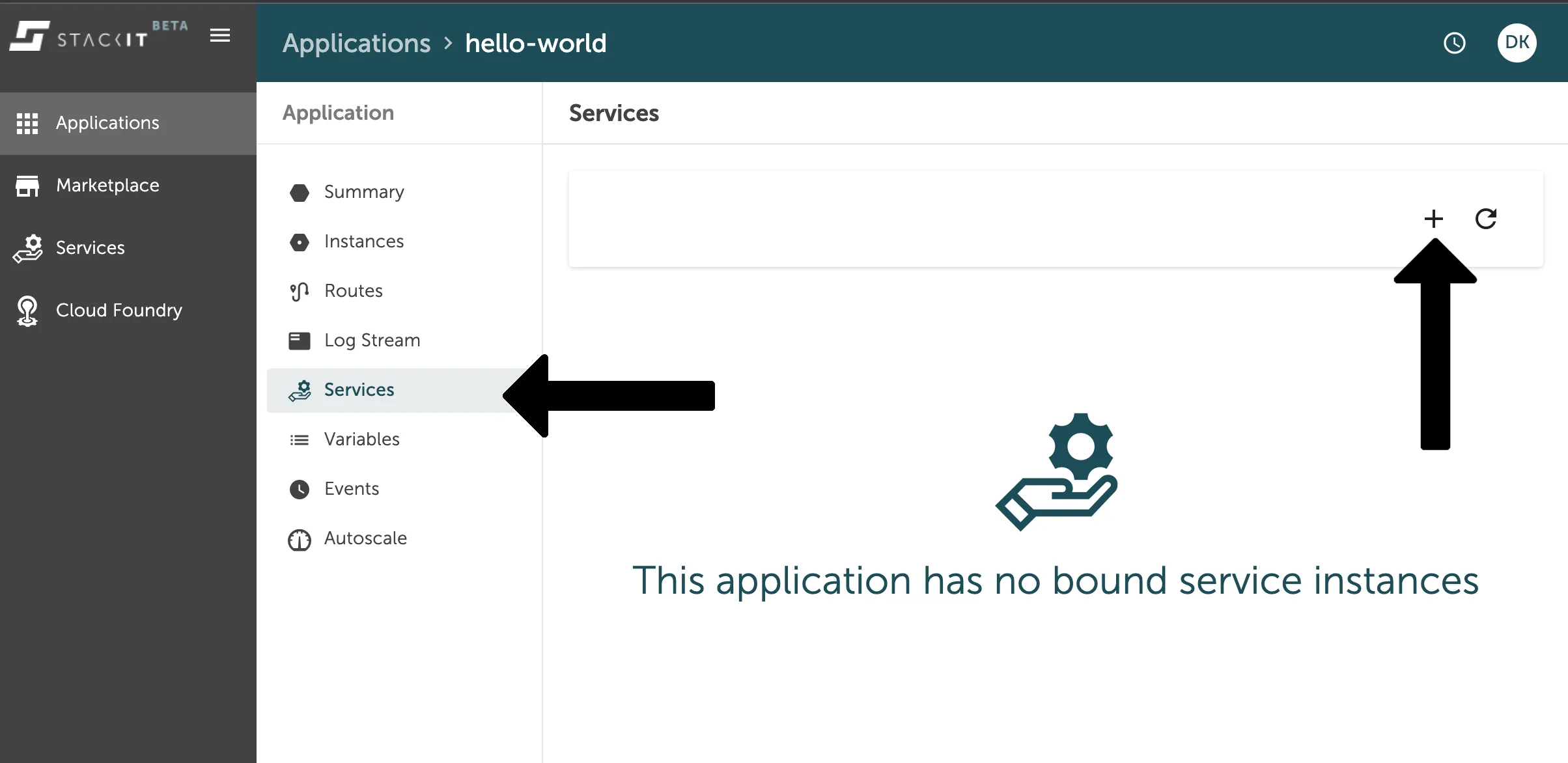 A screenshot of the STACKIT web application UI, showing the "hello-world" application details.