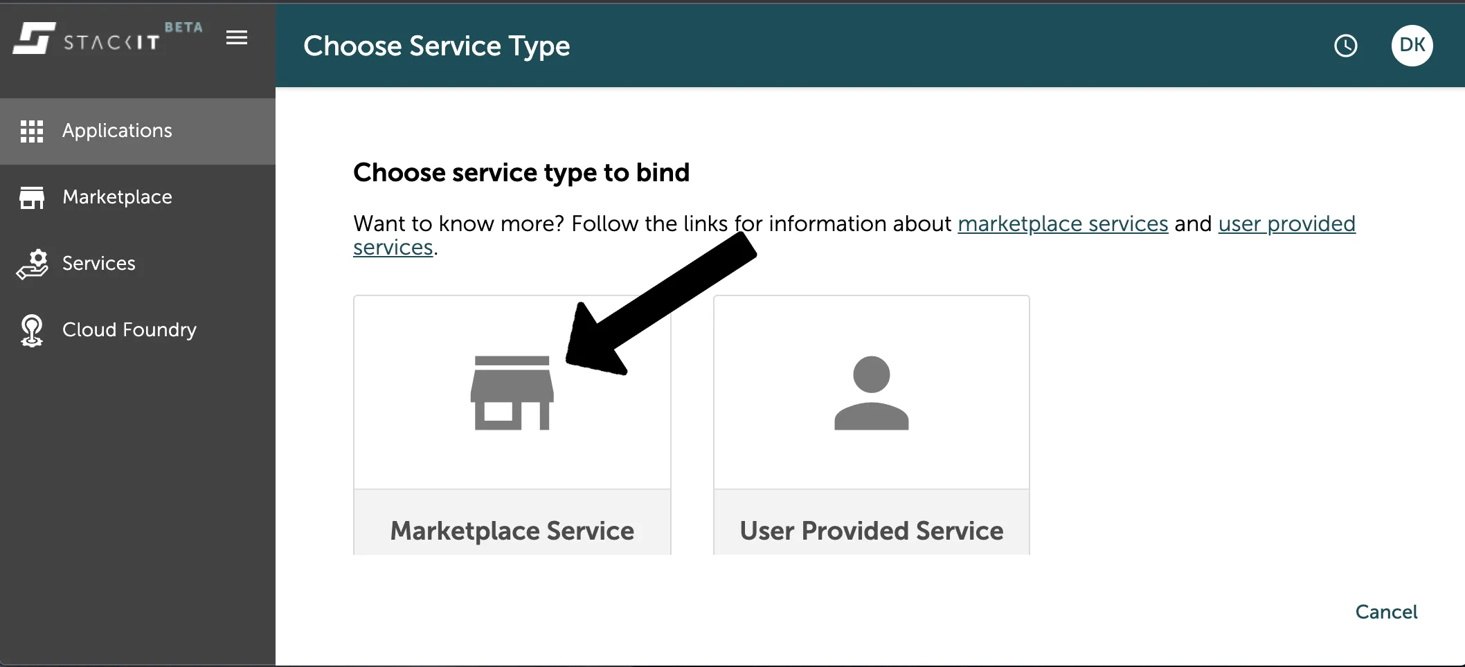 A screenshot of the STACKIT UI showing the first step in the "Create and/or Bind Service Instance" wizard.