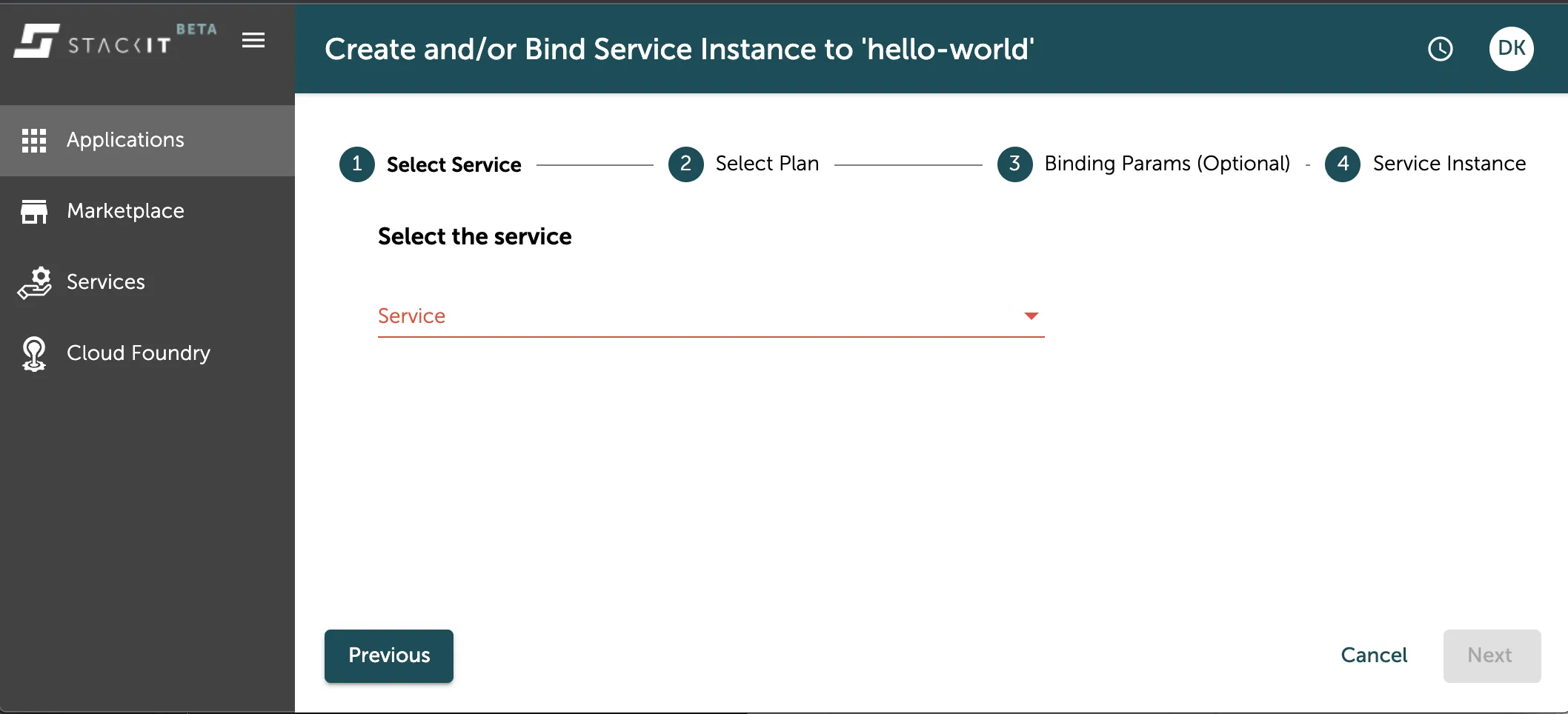 A screenshot of the STACKIT UI showing the first step of the service creation wizard.