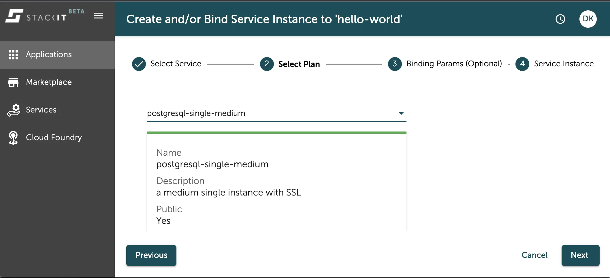 A screenshot of the STACKIT UI showing the second step of the service creation wizard.