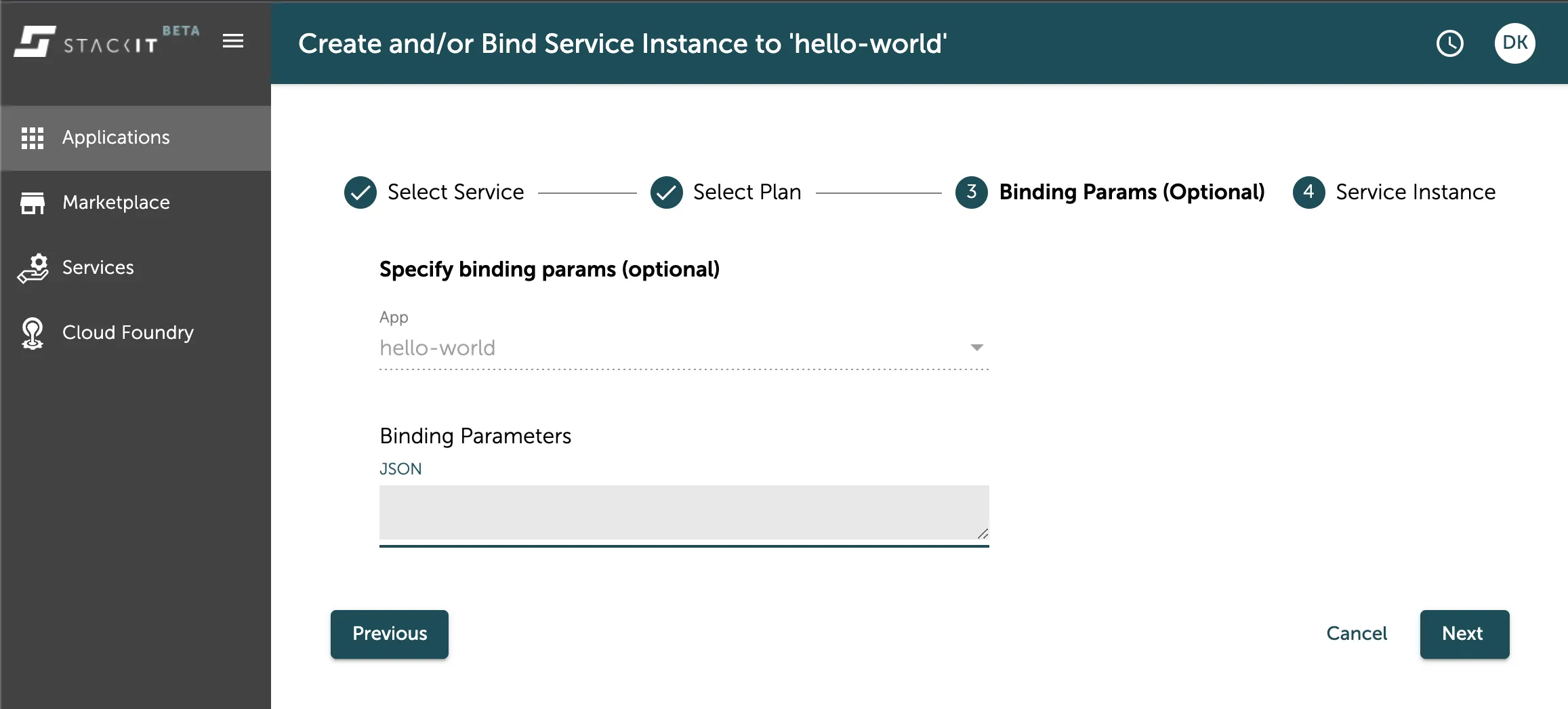 A screenshot of the STACKIT UI showing the third step of the service creation wizard.