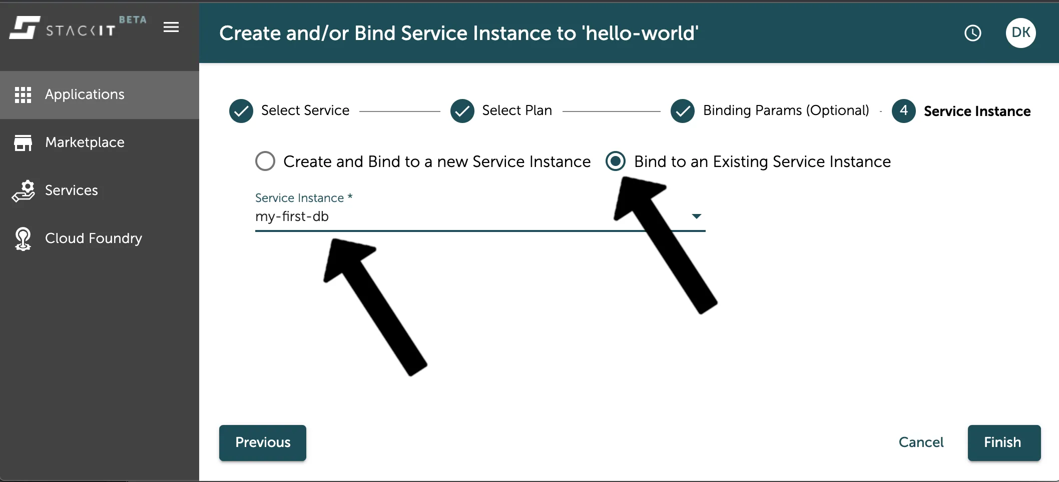 A screenshot of the STACKIT UI showing the fourth and final step of the service creation wizard.