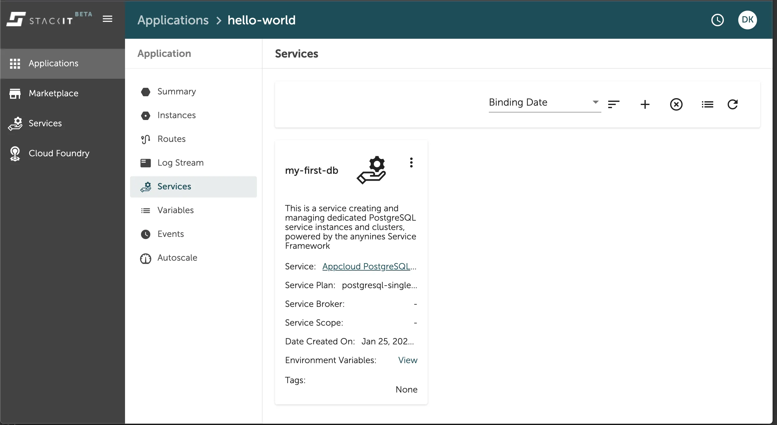 A screenshot of the STACKIT UI showing the "Services" view for the "hello-world" application after a service has been bound.