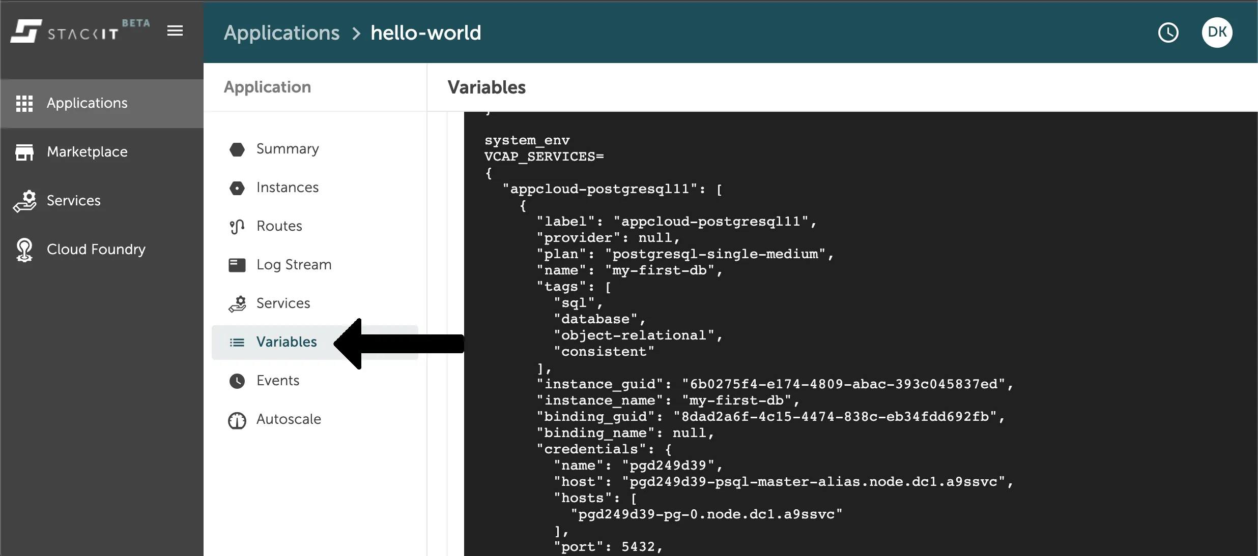 A screenshot of the STACKIT UI for the "hello-world" application.