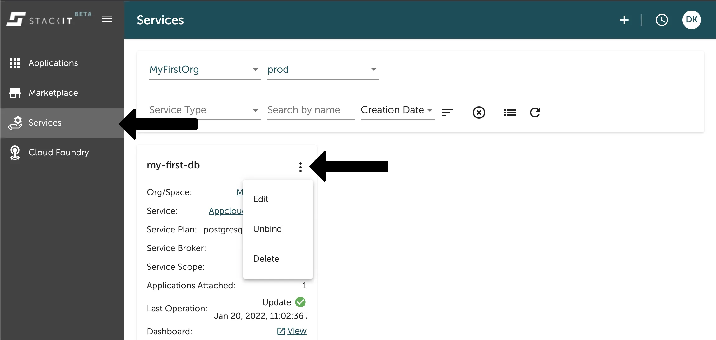 A screenshot of the STACKIT UI showing the global "Services" view.