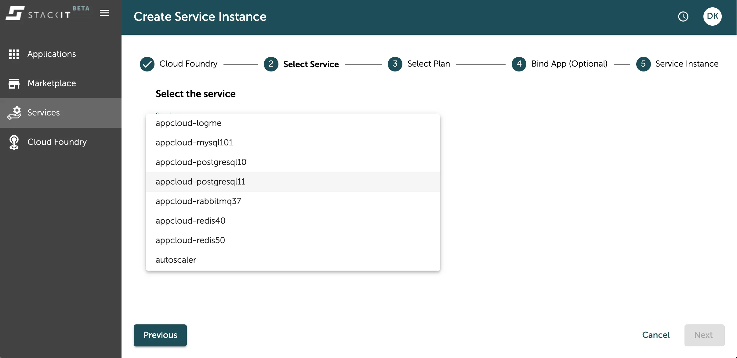 A screenshot of the STACKIT UI showing the second step of the service creation wizard: "Select Service." The step tracker indicates that "Cloud Foundry" selection is complete. The main content area shows a drop-down list of available services. The list, partially visible, includes appcloud-logme, appcloud-mysql01, appcloud-postgresql10, and appcloud-postgresql11, with the latter being highlighted.