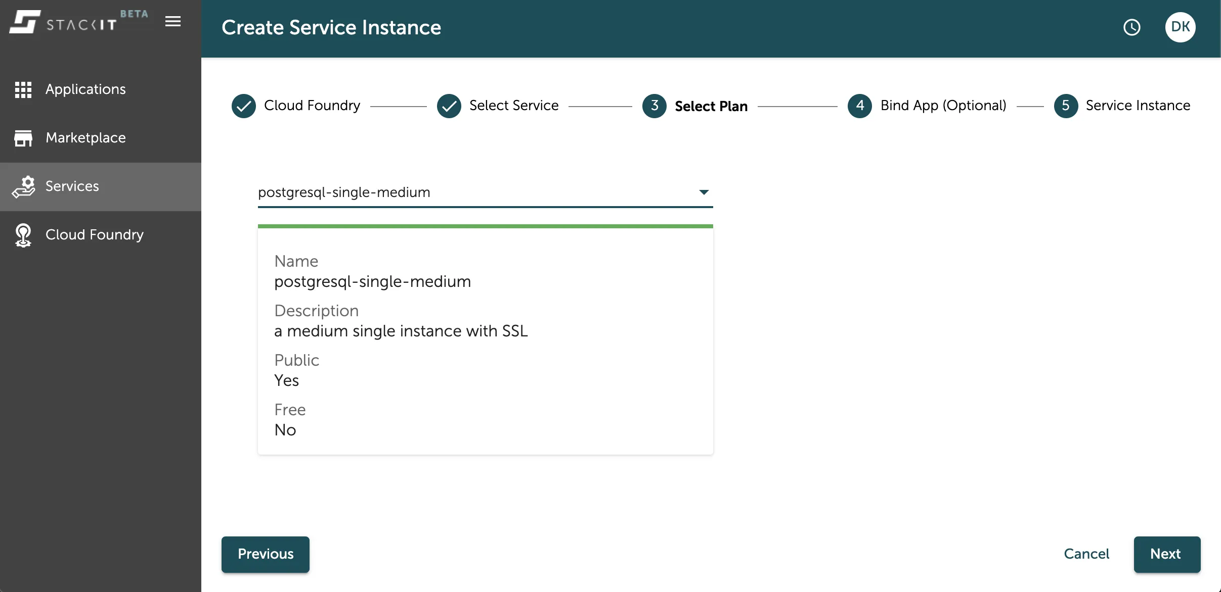 A screenshot of the STACKIT UI showing the third step of the service creation wizard: "Select Plan".