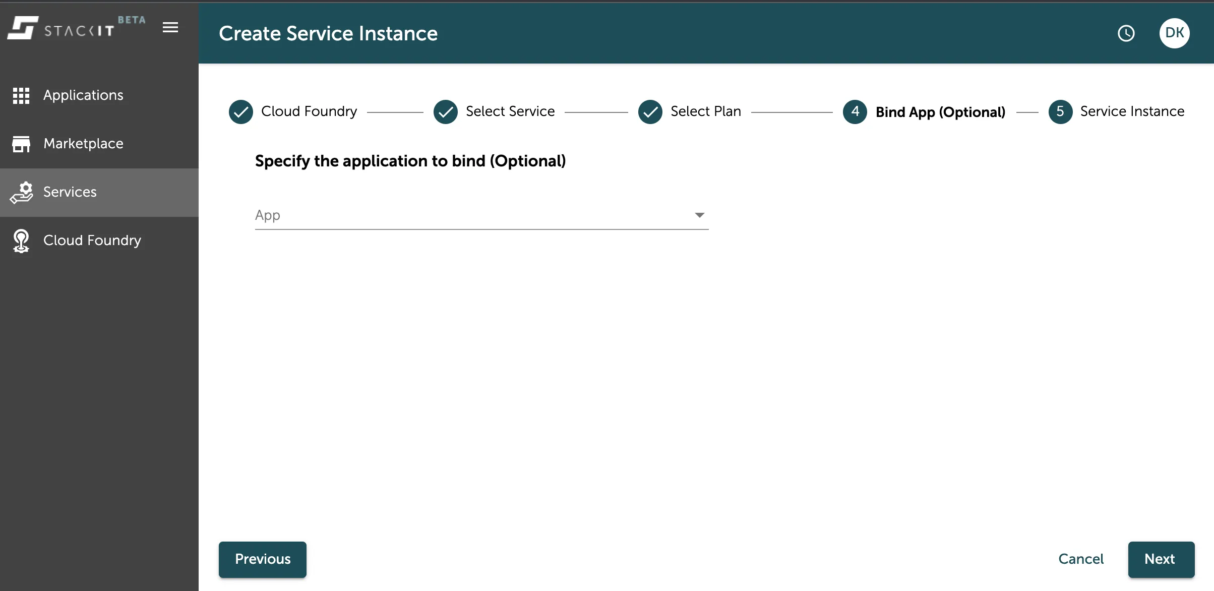 A screenshot of the STACKIT UI showing the fourth step of the service creation wizard: "Bind App (Optional)".