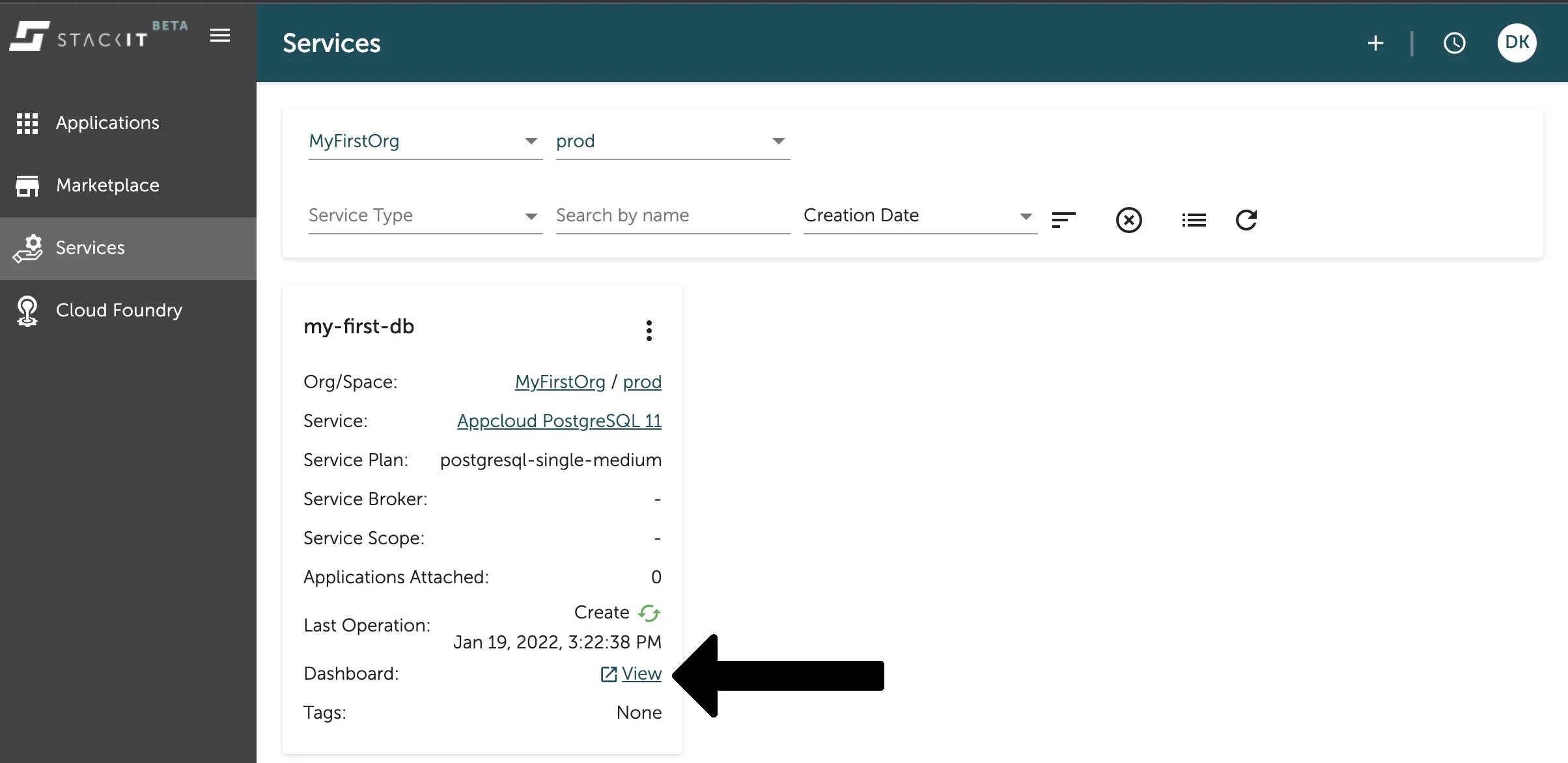 A screenshot of the STACKIT UI showing the main "Services" list after a service instance has been created.