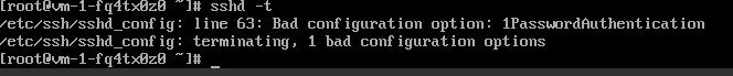 Terminal session showing failed SSH daemon configuration test.