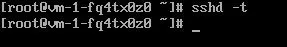 Terminal session showing successful SSH daemon configuration test with command ‘sshd -t’ run at root prompt.
