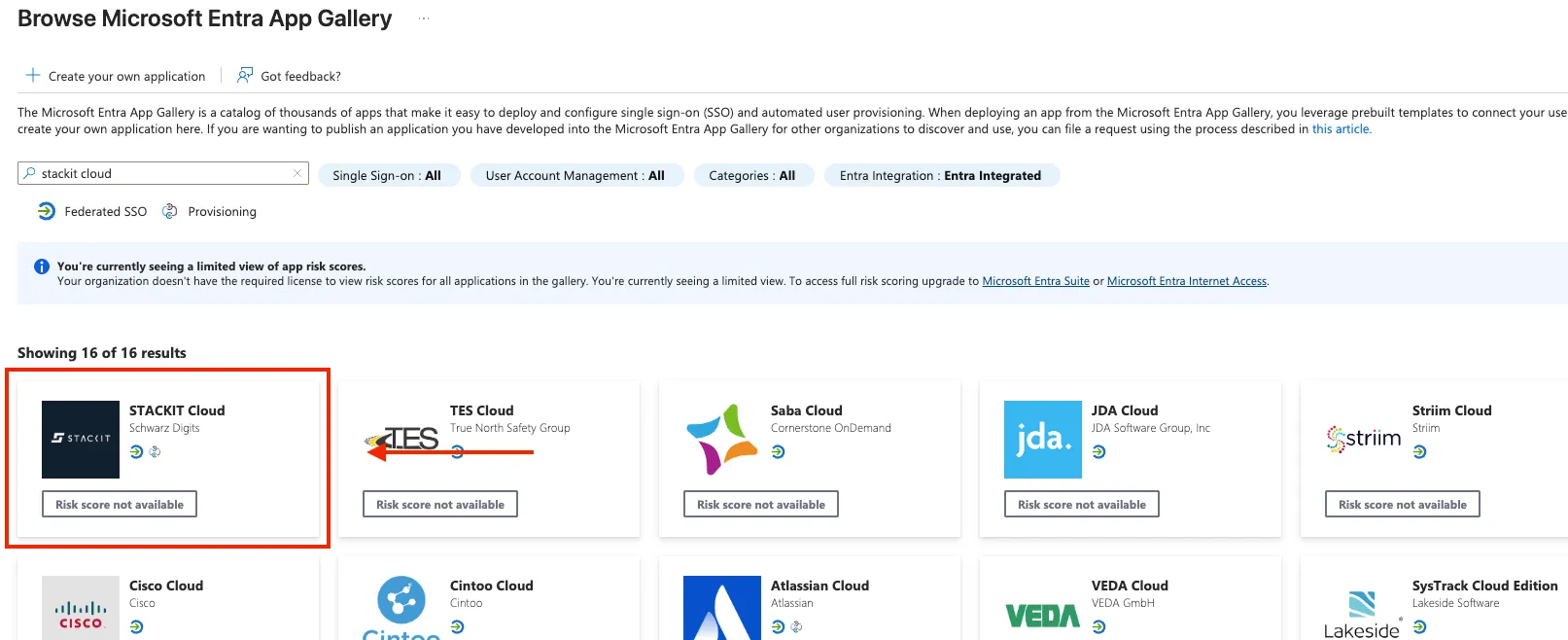 Azure App Gallery mit STACKIT Enterprise App