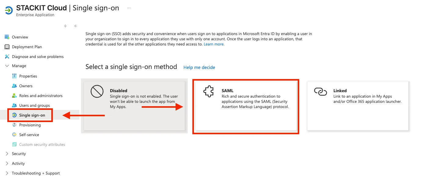 Microsoft Entra ID Single sign-on Methodenauswahl mit hervorgehobenem SAML