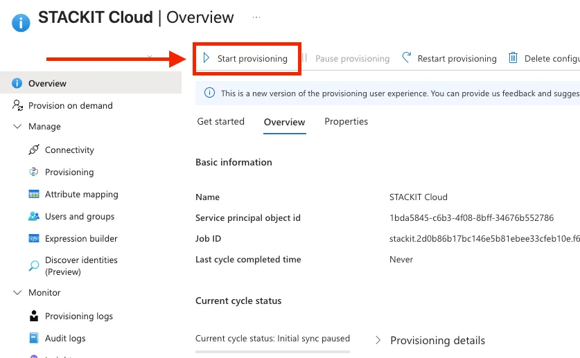 Beispielansicht der Schaltfläche „Start Provisioning“ in Microsoft Entra ID