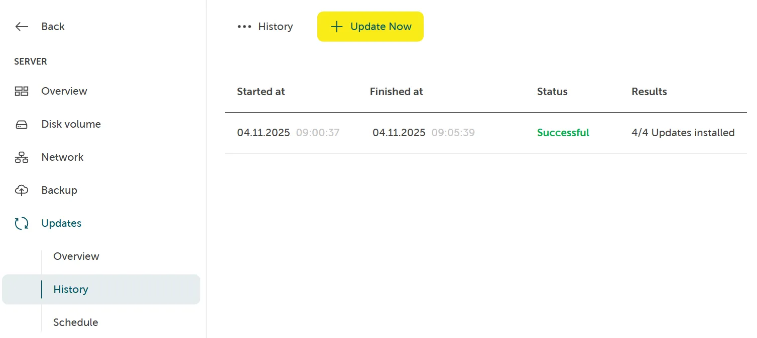 A screenshot showing navigating to server, then updates, then history