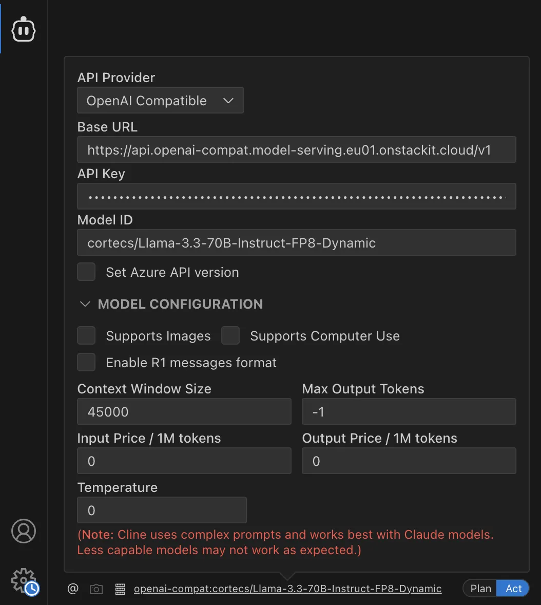 Screenshot of the VS Code configuration