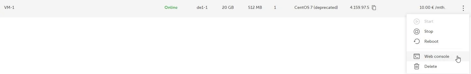 Cloud platform VM management interface showing server specifications
